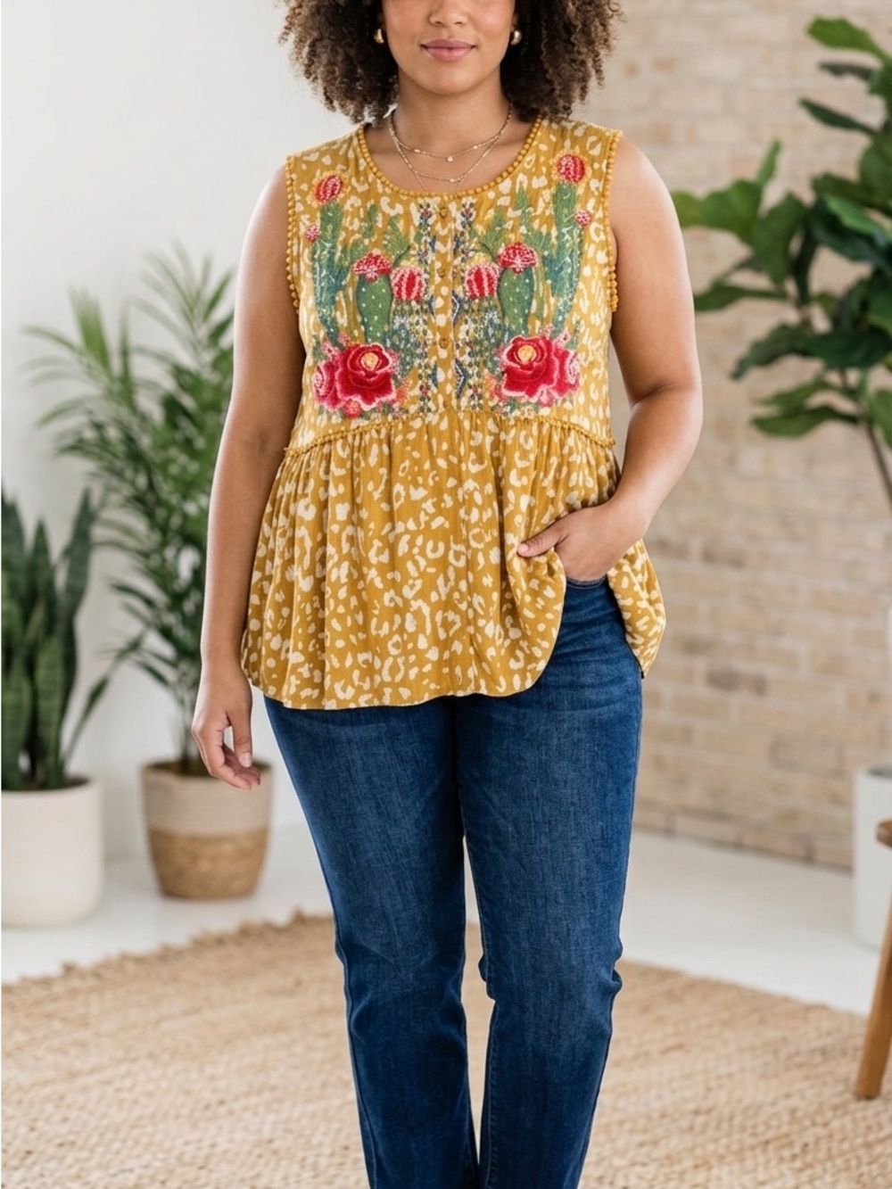 Mustard Floral Embroidered Sleeveless Peplum Camisole